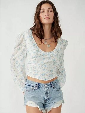 Free People Another Life Floral Scoop-Neck Puff Sleeve Crop Top NWT